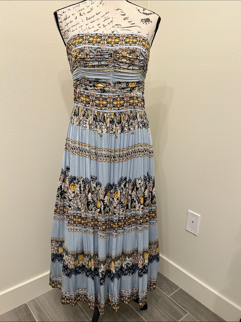 WHBM Light Blue Strapless Printed Maxi Dress